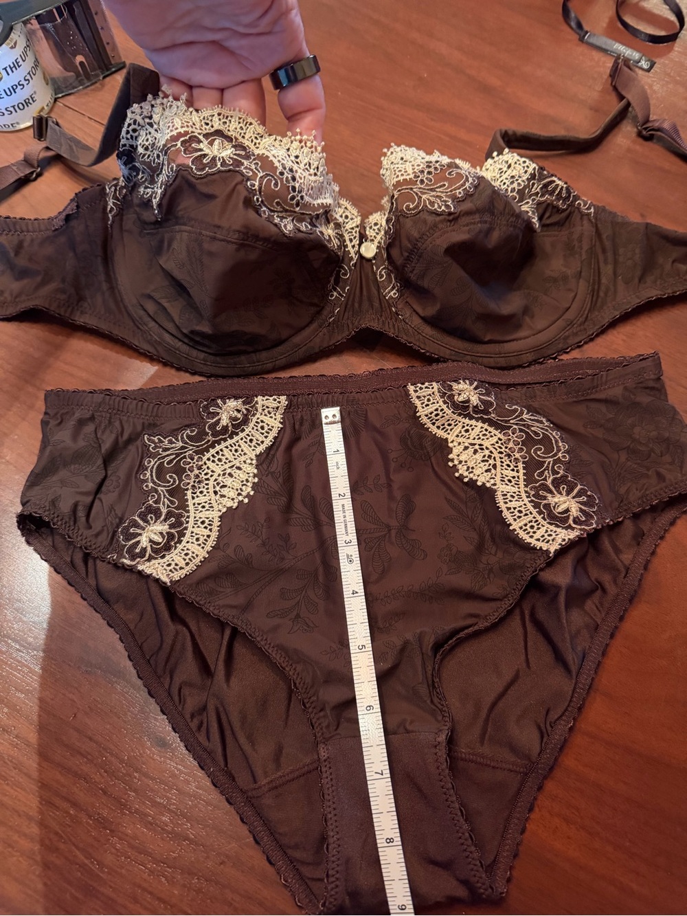 Lace Accent Underwire Bra & Brief Set - Brown/Cream